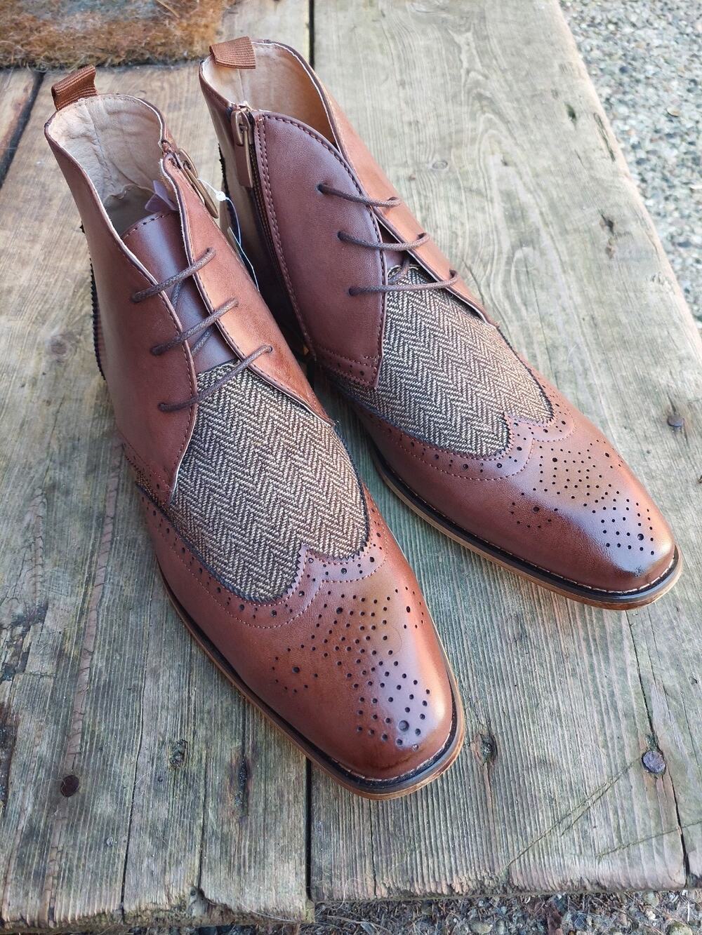 Men’s Gino Vitale Brown Leather Wingtip Brogue Lace-Up Ankle Dress Boots US 12